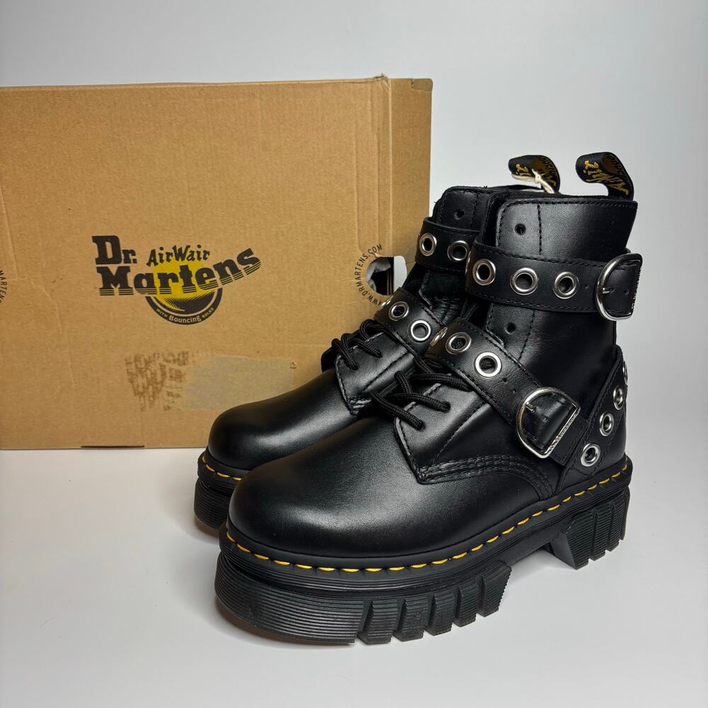 Dr. Martens Audrick Hardware 8-Eye Leather Platform Boots in Black Nappa Lux